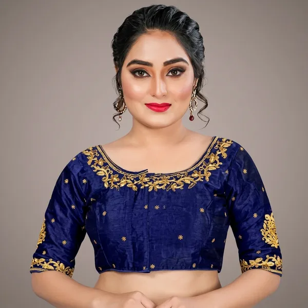 Navy_Blue_Silk_Embroidered_Round_Neck_Padded_Blouse_For_Women
