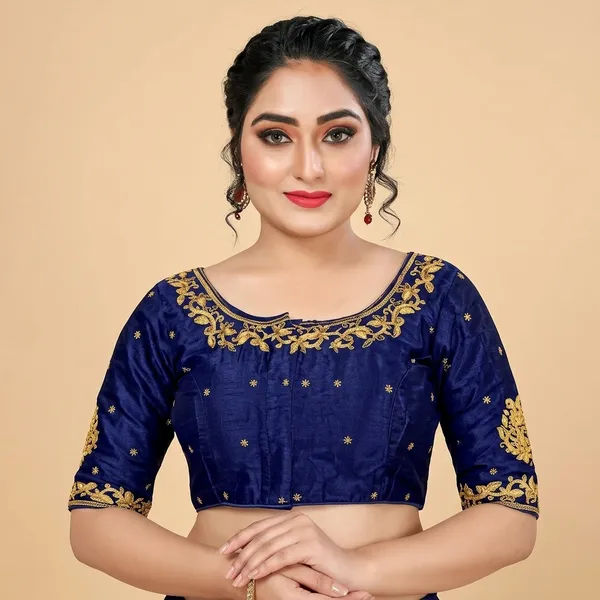 Navy_Blue_Silk_Embroidered_Round_Neck_Padded_Blouse_For_Women