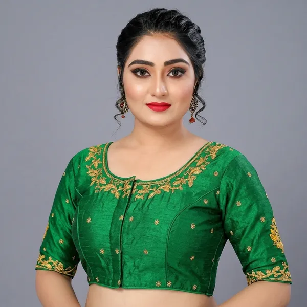 Green_Silk_Round_Neck_Padded_Blouse_For_Women