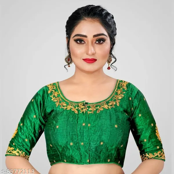 Green_Silk_Round_Neck_Padded_Blouse_For_Women