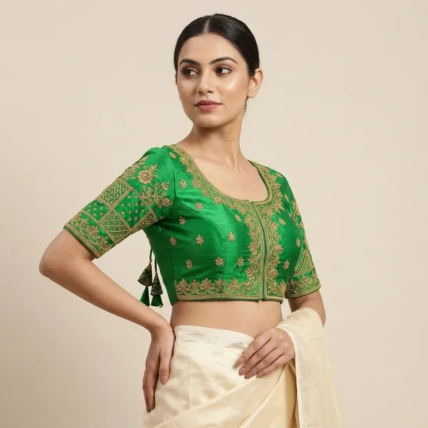 Green_Silk_Padded_Round_Neck_Blouse_For_Women