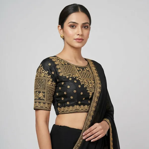 Black_Silk_Padded_Round_Neck_Blouse_For_Women