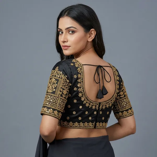 Black_Silk_Padded_Round_Neck_Blouse_For_Women