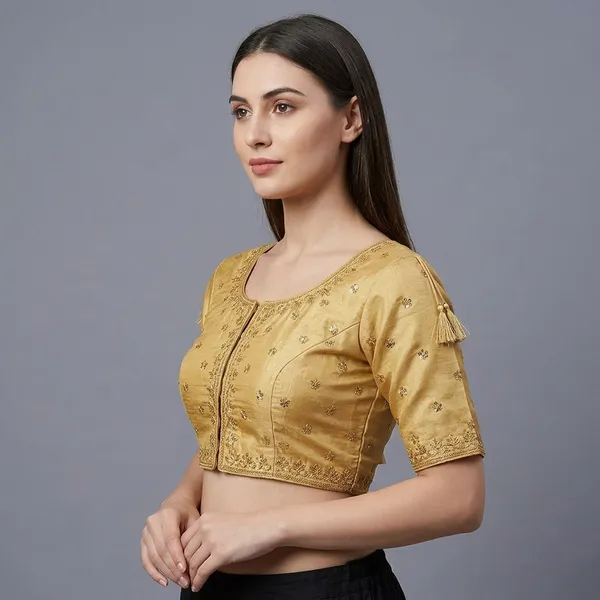 Gold_Silk_Padded_Round_Neck_Blouse_For_Women