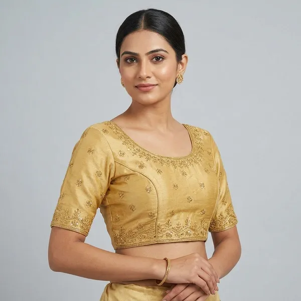 Gold_Silk_Padded_Round_Neck_Blouse_For_Women