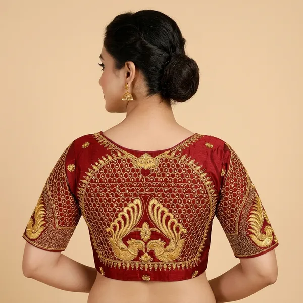 Red_Silk_Short_Sleeve_Round_Neck_Blouse_For_Women