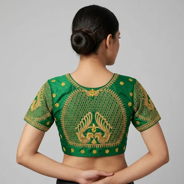 Green_Silk_Short_Sleeve_Front_Open_Blouse_For_Women