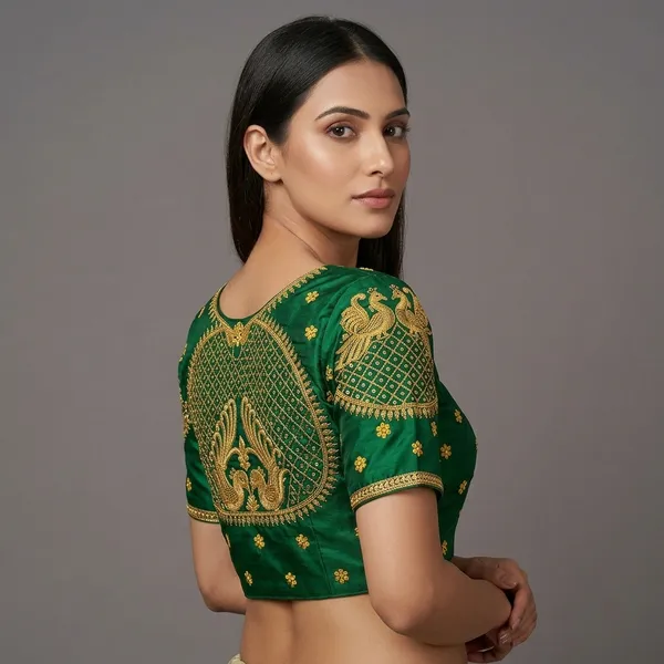 Green_Silk_Short_Sleeve_Front_Open_Blouse_For_Women