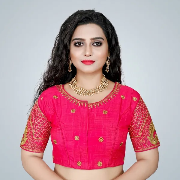 Pink_Silk_Padded_Front_Open_Round_Neck_Blouse_For_Women