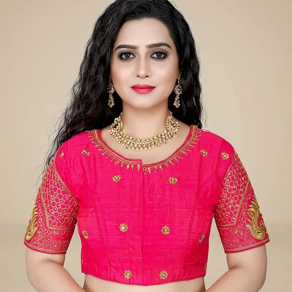Pink_Silk_Padded_Front_Open_Round_Neck_Blouse_For_Women