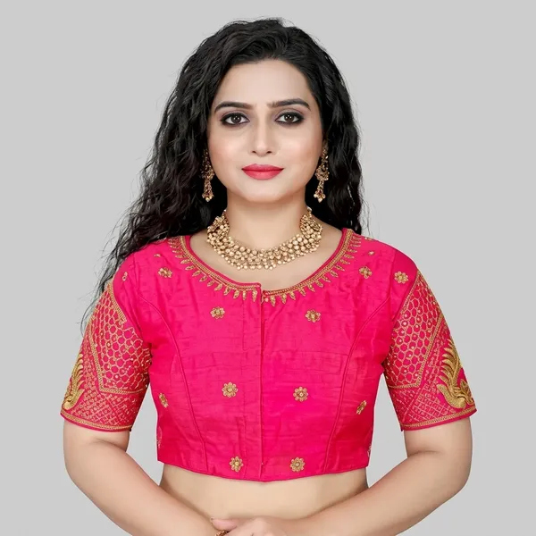 Pink_Silk_Padded_Hook_Closure_Round_Neck_Blouse_For_Women