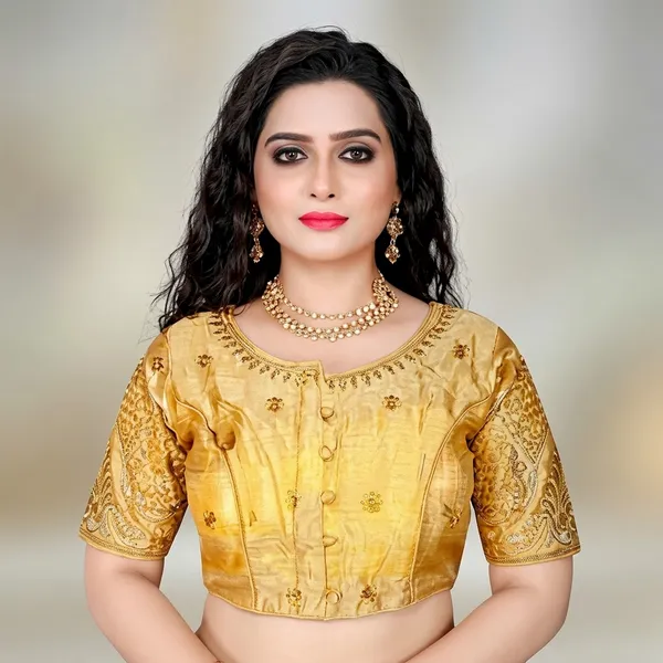Gold_Silk_Padded_Round_Neck_Blouse_For_Women