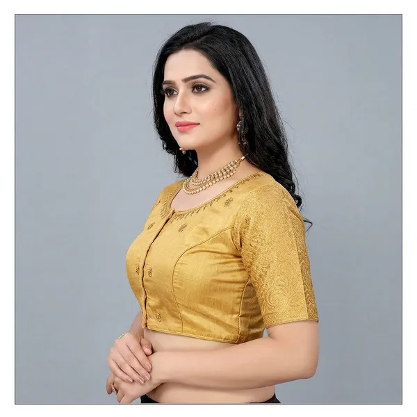 Gold_Silk_Padded_Round_Neck_Blouse_For_Women