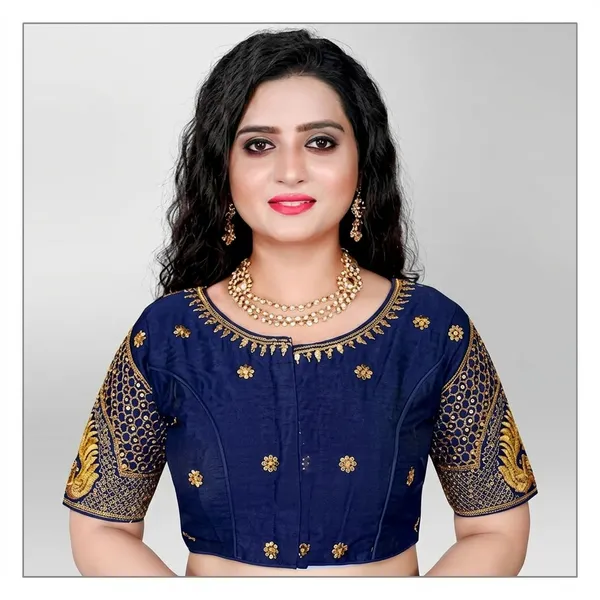Navy_Blue_Silk_Padded_Hook_Closure_Blouse_For_Women