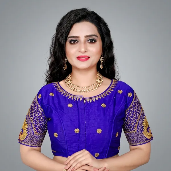 Blue_Silk_Padded_Front_Open_Blouse_For_Women