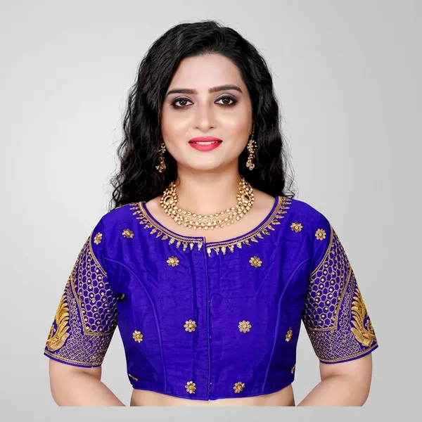 Blue_Silk_Padded_Front_Open_Blouse_For_Women
