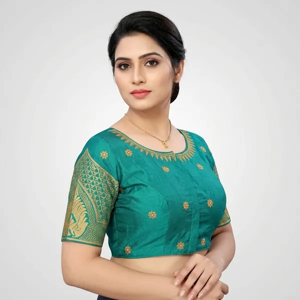 Green_Silk_Short_Sleeve_Round_Neck_Blouse_For_Women