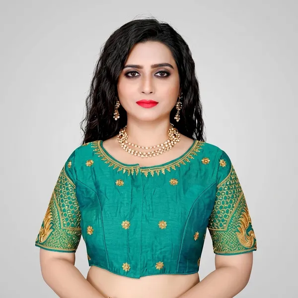 Green_Silk_Short_Sleeve_Round_Neck_Blouse_For_Women