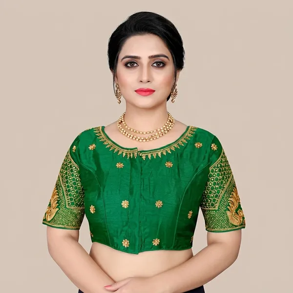 Green_Silk_Round_Neck_Padded_Blouse_For_Women