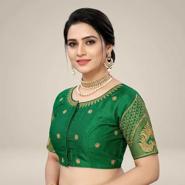 Green_Silk_Round_Neck_Padded_Blouse_For_Women