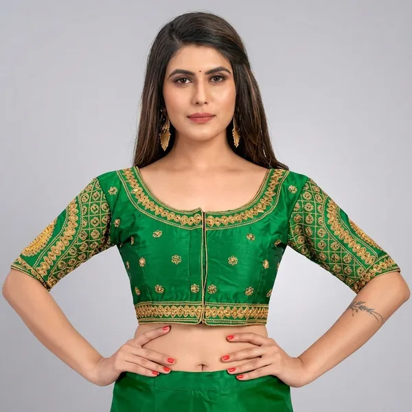 Green_Silk_Embroidered_Padded_Round_Neck_Blouse_For_Women