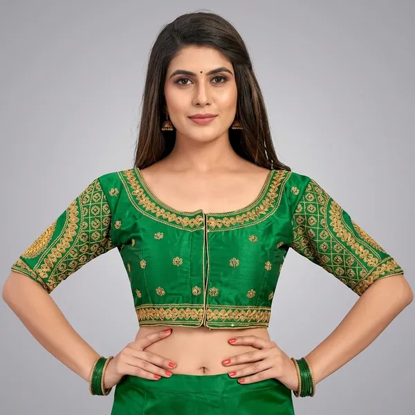 Green_Silk_Embroidered_Padded_Round_Neck_Blouse_For_Women