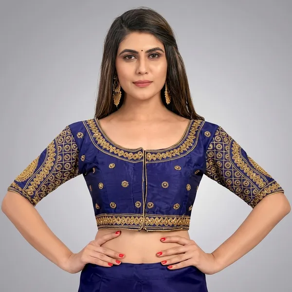 Navy_Blue_Silk_Three-Quarter_Sleeve_Blouse_For_Women