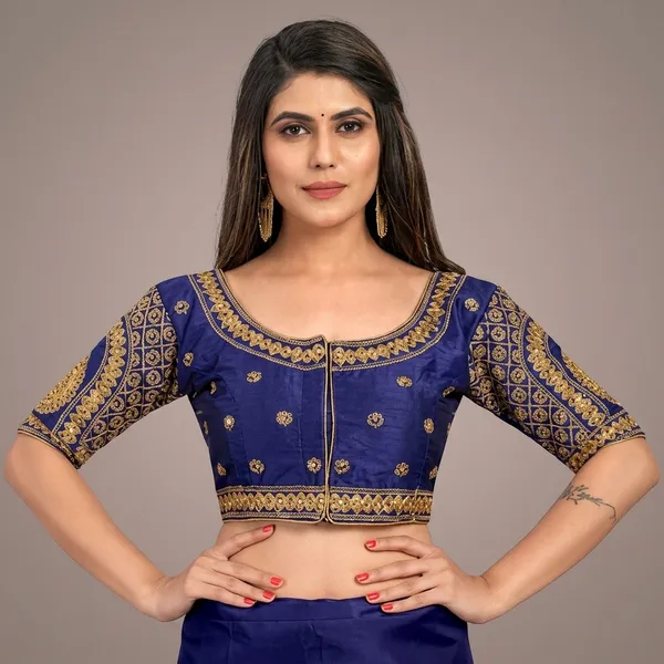 Navy_Blue_Silk_Three-Quarter_Sleeve_Blouse_For_Women