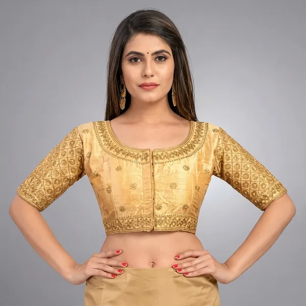 Golden_Silk_Three-Quarter_Sleeve_Round_Neck_Blouse_For_Women