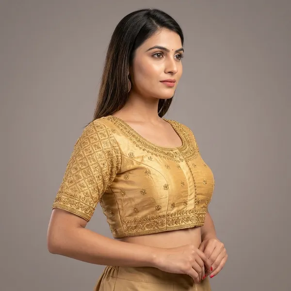 Golden_Silk_Three-Quarter_Sleeve_Round_Neck_Blouse_For_Women