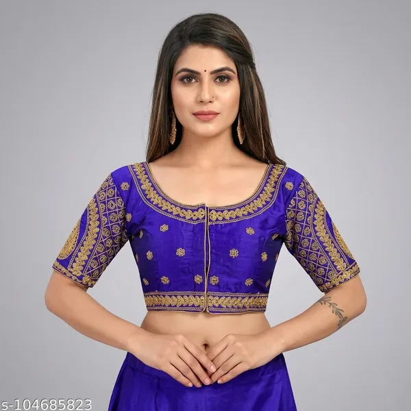 Blue_Silk_Embroidered_Padded_Three-Quarter_Sleeve_Blouse_For_Women