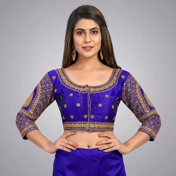 Blue_Silk_Embroidered_Padded_Three-Quarter_Sleeve_Blouse_For_Women