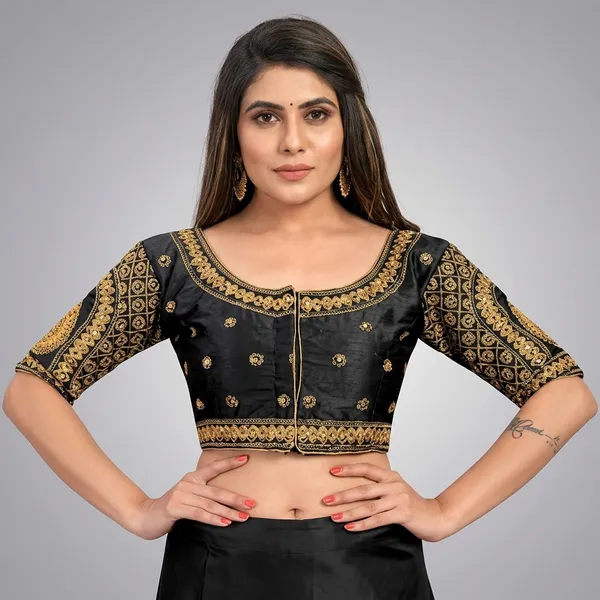 Black_Silk_Embroidered_Round_Neck_Padded_Blouse_For_Women