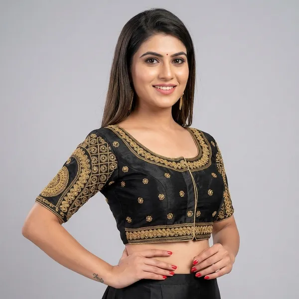 Black_Silk_Embroidered_Round_Neck_Padded_Blouse_For_Women
