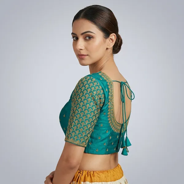 Teal_Silk_Padded_Front_Open_Round_Neck_Blouse_For_Women