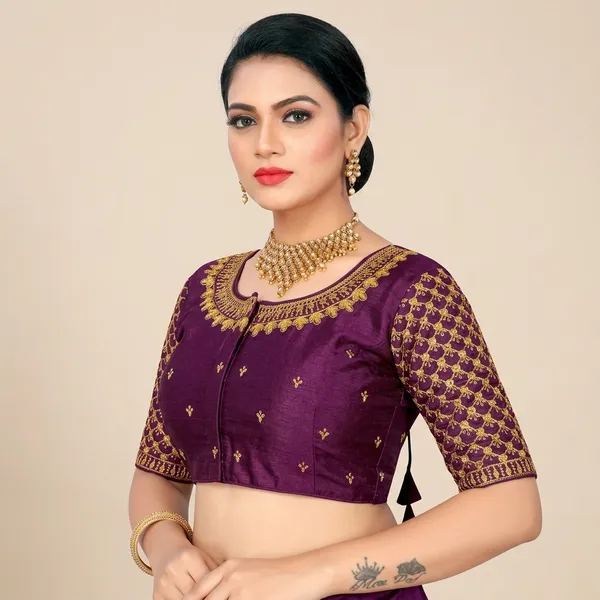 Purple_Silk_Floral_Embroidered_Round_Neck_Blouse_For_Women