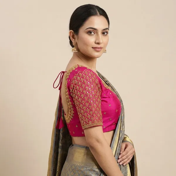 Pink_Silk_Embroidered_Round_Neck_Blouse_For_Women