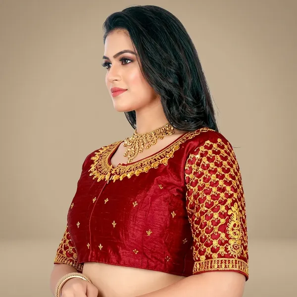 Maroon_Silk_Padded_Deep_Scoop_Neck_Blouse_For_Women