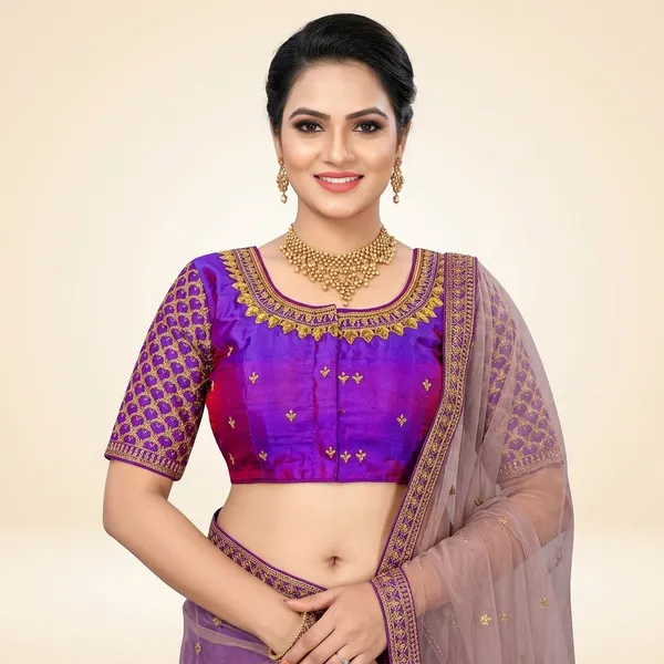 Purple_Silk_Round_Neck_Padded_Blouse_For_Women