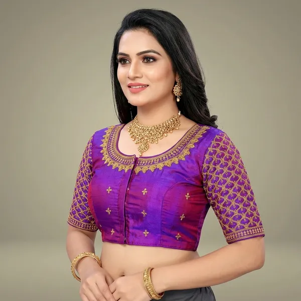 Purple_Silk_Round_Neck_Padded_Blouse_For_Women