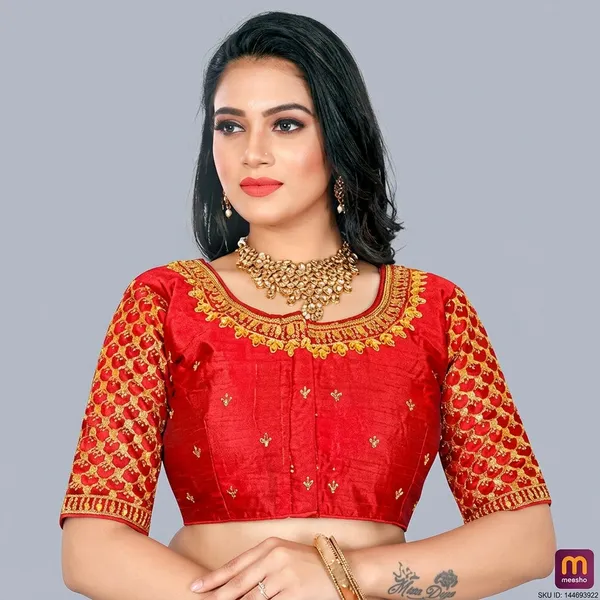 Red_Silk_Padded_Round_Neck_Blouse_For_Women