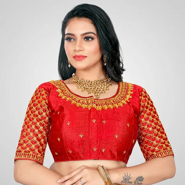 Red_Silk_Padded_Round_Neck_Blouse_For_Women