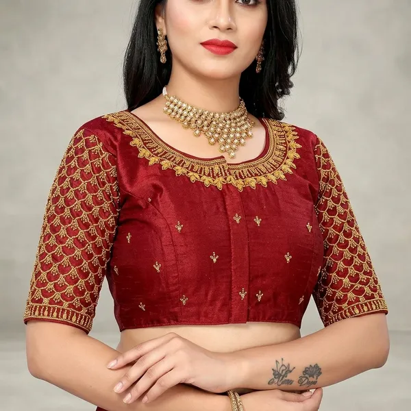 Maroon_Silk_Padded_Front_Open_Round_Neck_Blouse_For_Women