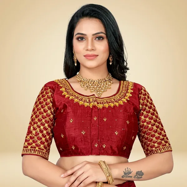 Maroon_Silk_Padded_Front_Open_Round_Neck_Blouse_For_Women