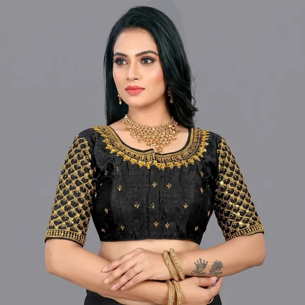 Black_Silk_Padded_Front_Open_Mid_Scoop_Neck_Blouse_For_Women