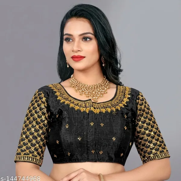 Black_Silk_Padded_Front_Open_Mid_Scoop_Neck_Blouse_For_Women