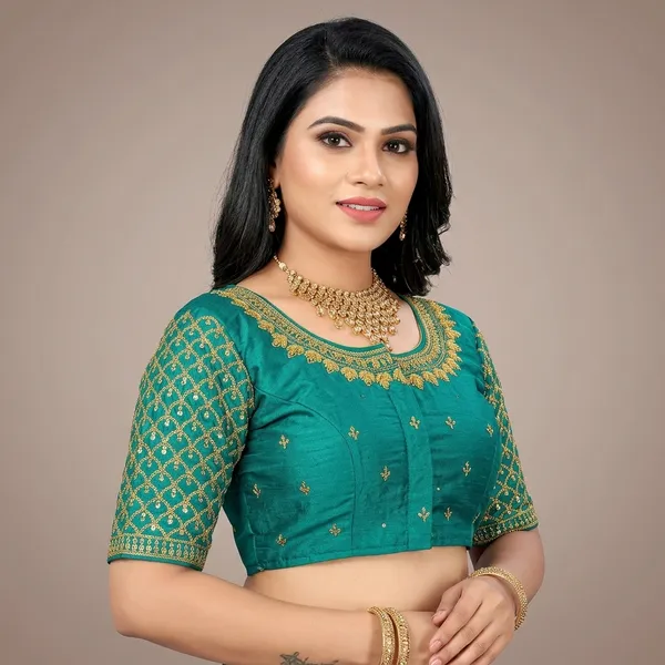 Teal_Silk_Padded_Embroidered_Mid_Scoop_Neck_Blouse_For_Women