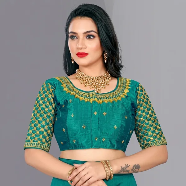 Teal_Silk_Padded_Embroidered_Mid_Scoop_Neck_Blouse_For_Women