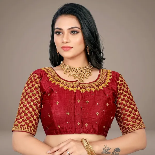 Maroon_Silk_Padded_Scoop_Neck_Blouse_For_Women