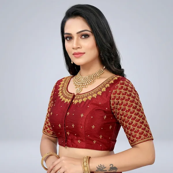 Maroon_Silk_Padded_Scoop_Neck_Blouse_For_Women